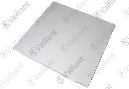 Weiße Abdeckung von Vaillant mit glatter Oberfläche, quadratischer Form, ohne sichtbare Befestigungselemente, auf neutralem Hintergrund.